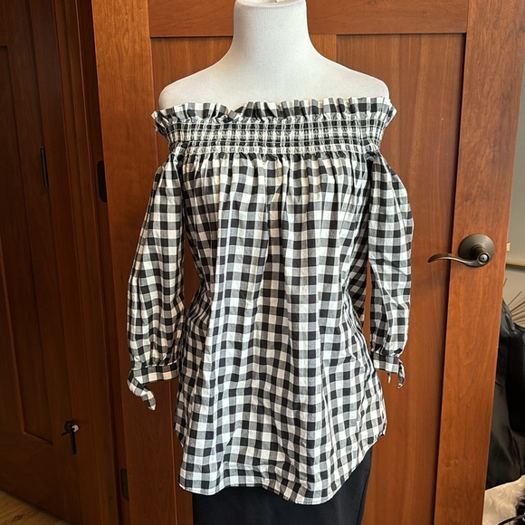 Kate Spade Gingham/Checked Black and White Off Shoulder Top XXS 3/4 Tie Sleeves - Picture 5 of 12